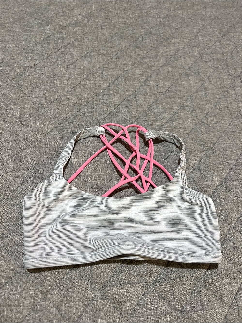 lululemon athletica Light Gray Striped Sports Bra with Pink Strappy Back